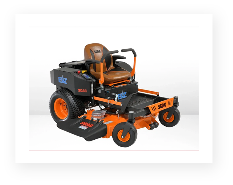 Zero-turn lawn mower with orange and black color scheme.