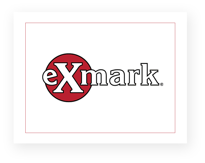 Exmark logo with red and white color scheme and stylized lowercase "e" and uppercase "x" in circle.