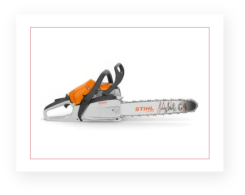 A chain saw with orange handles and black handle.