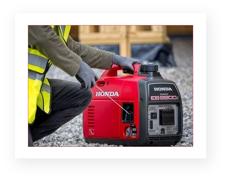 A person is holding the battery of an electric generator.