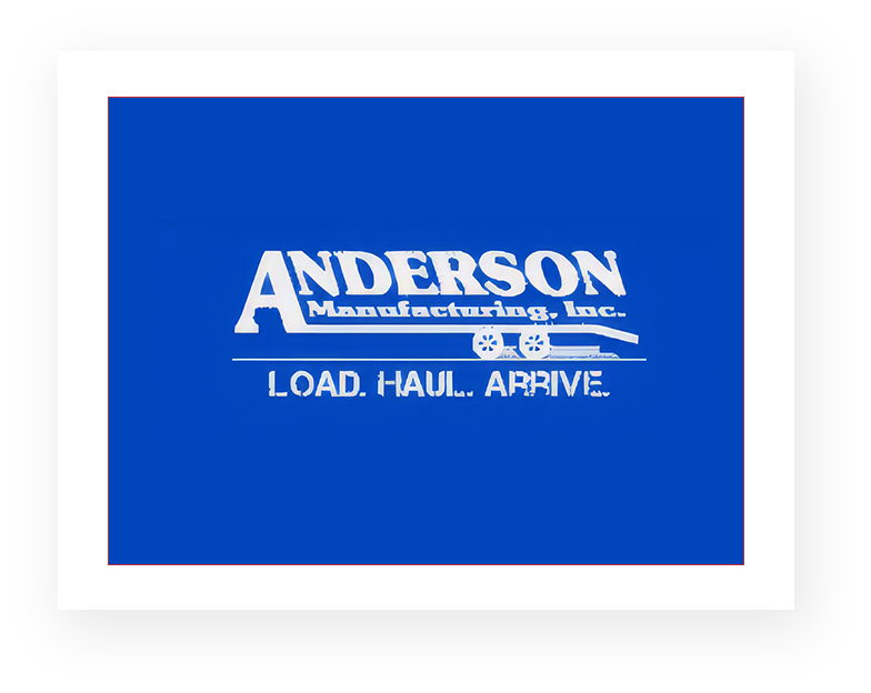 A logo of anderson manufacturing, inc. displayed on a screen with the tagline "load. haul. arrive.