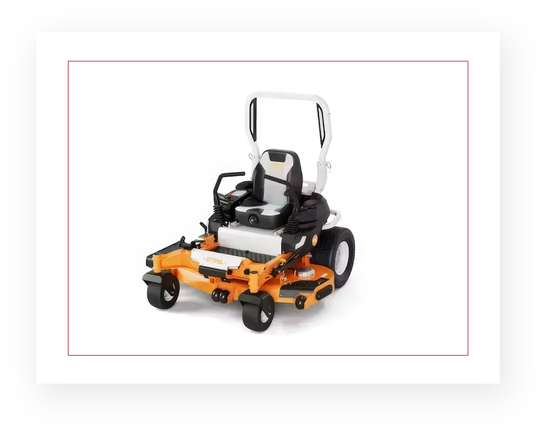 A picture of an orange and white lawn mower.