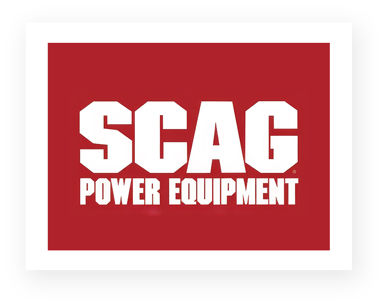 Logo of scag power equipment on a red background.