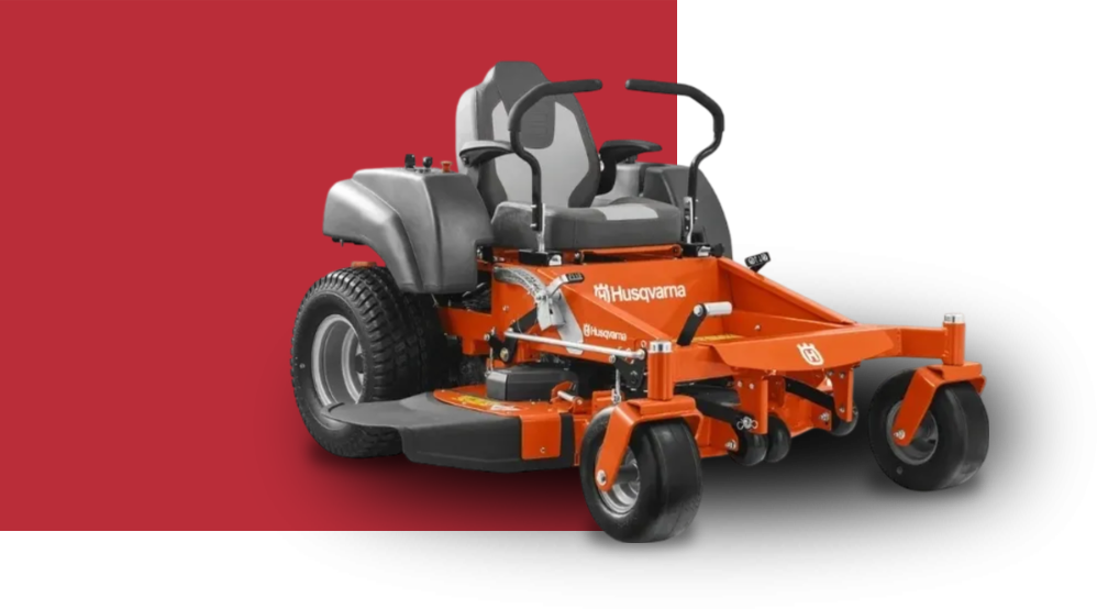 A red and black background with an orange lawn mower.