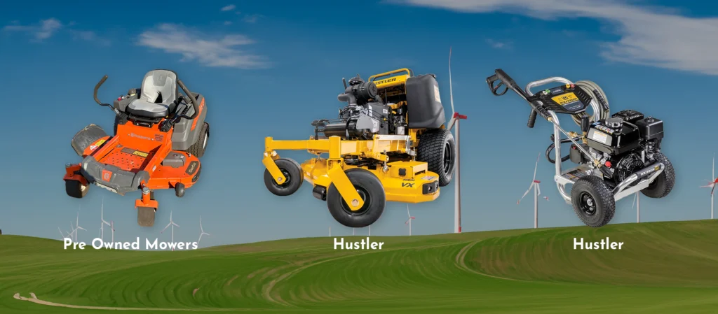 A yellow lawn mower flying in the air.