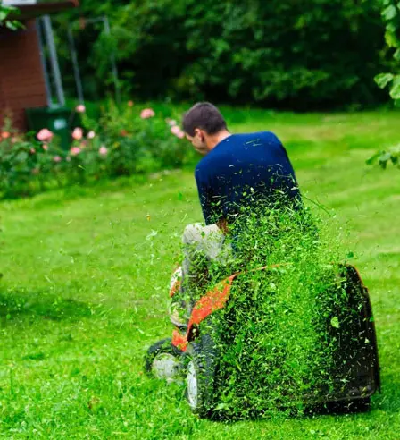 A man is cutting grass with an electric saw.