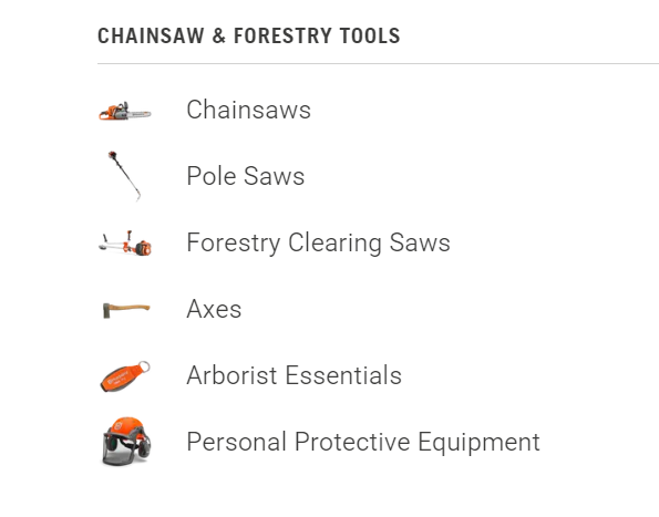 A picture of the different types of chainsaw and forestry tools.